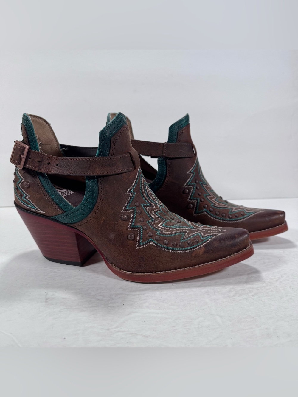 Durango Crush Brown Teal Leather Snip Toe Shortie Western Ankle Boots Size 7